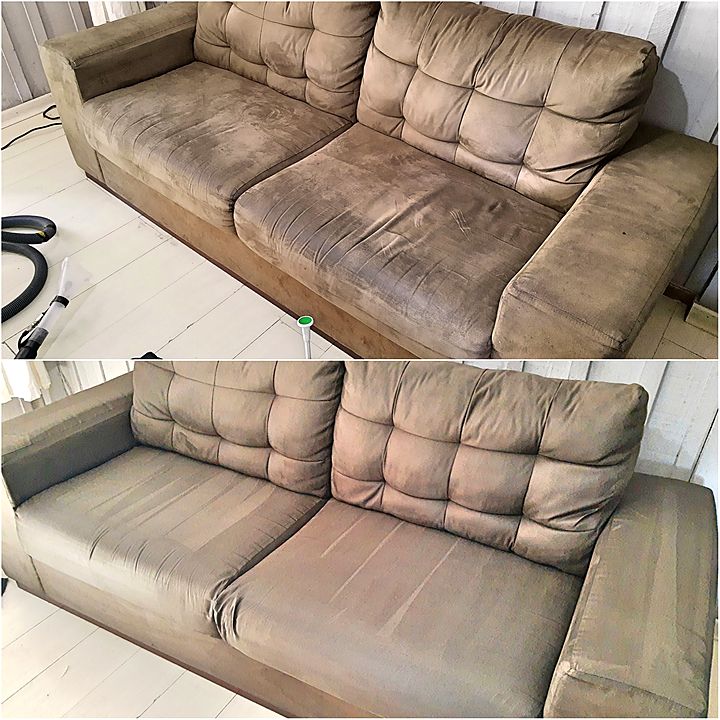 Sofá marrom antes e depois da higienização